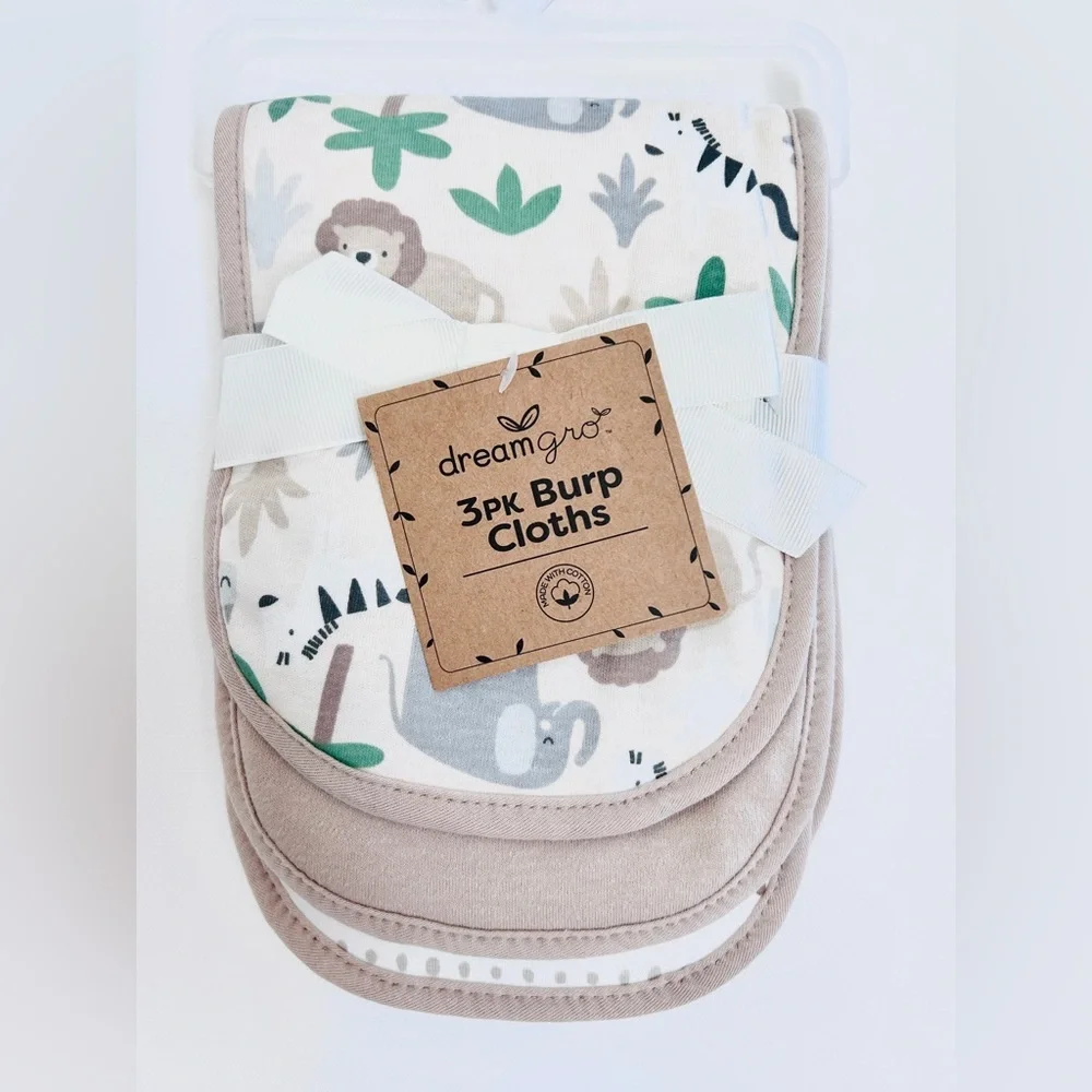 Dreamgro 3 Pack Cotton Burp Cloths | Safari Neutral Baby Set | Jungle Animals |